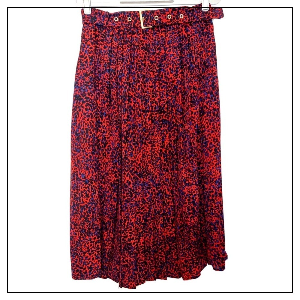Molly Bracken Skirt S Pleated Midi Silver Belted Cheetah Red Edgy Retro Feminine